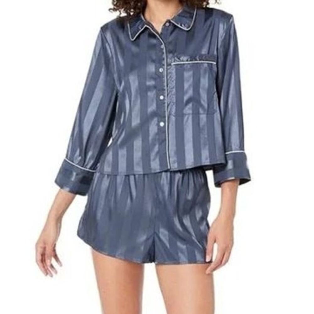 Free People Intimates Satin Cropped Pillow Talk PJ Top in Stormy Navy Stripes